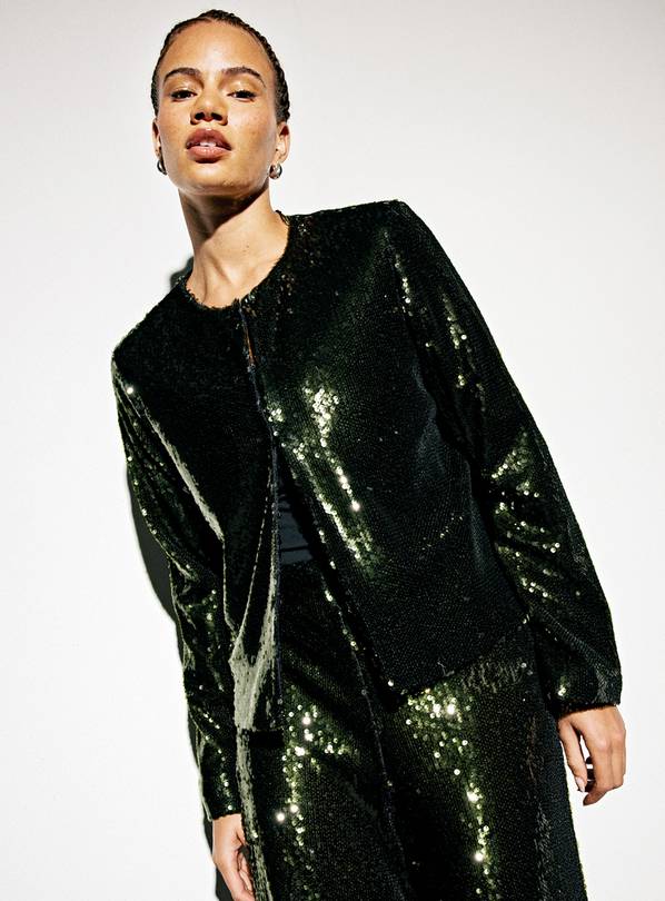 Green Sequin Embellished Boxy Blazer 14